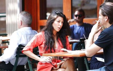 Kourtney Kardashian upskirts while having lunch at Bar Pitt