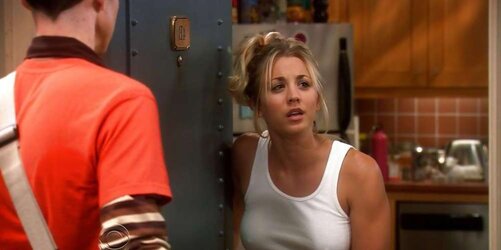 Kaley Cuoco in white tank top and pokies