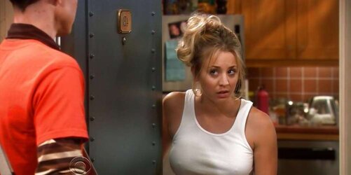 Kaley Cuoco in white tank top and pokies