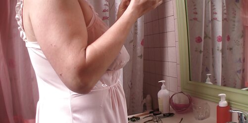 Mature Wifey In Sheer Pinkish Nightgown