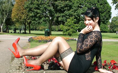Fabulous crimson high-heeled slippers and tights